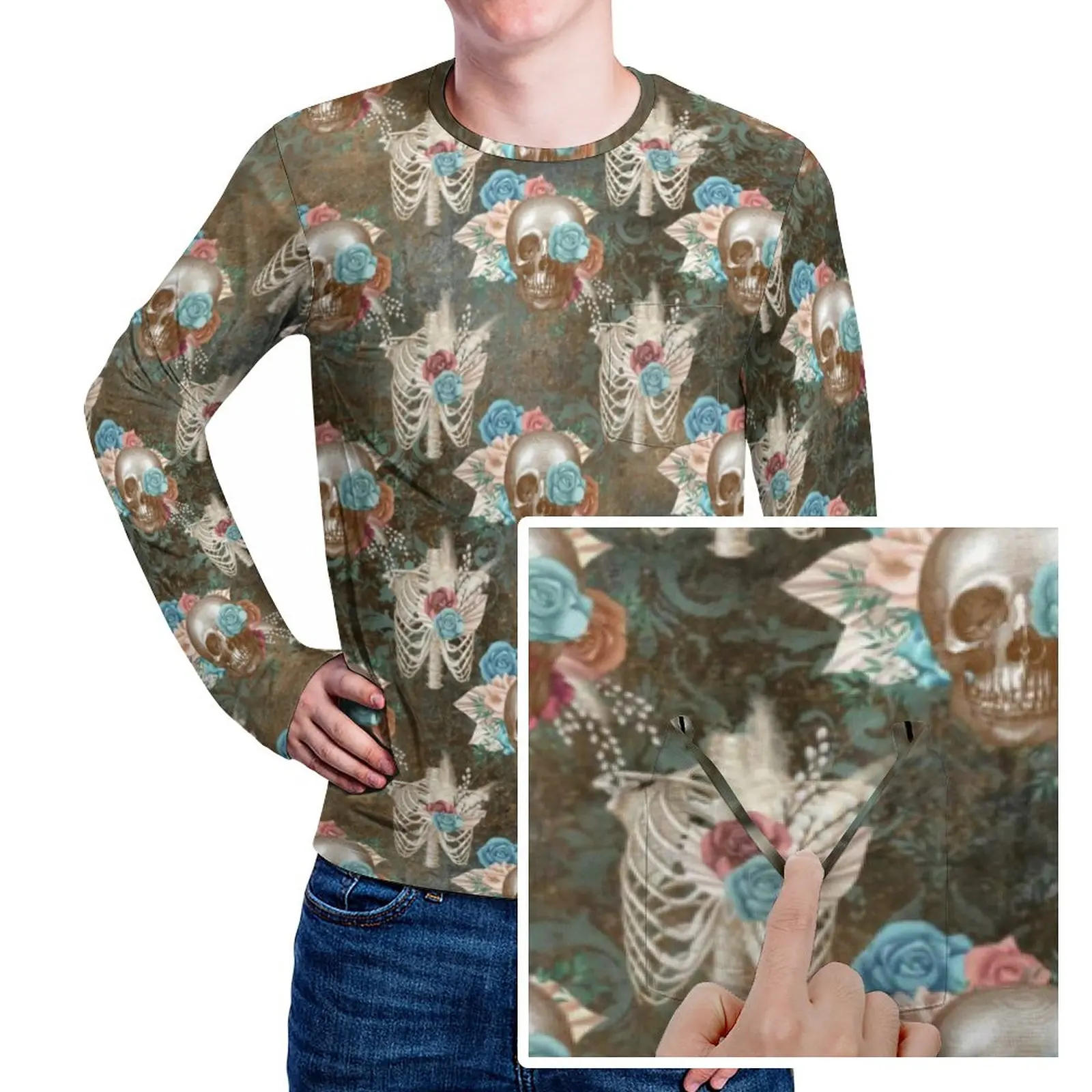 

Футболка в стиле Харадзюку, дизайнерская рубашка с принтом в виде черепа с розами, с длинным рукавом, необходимый оверсайз подарок, осень