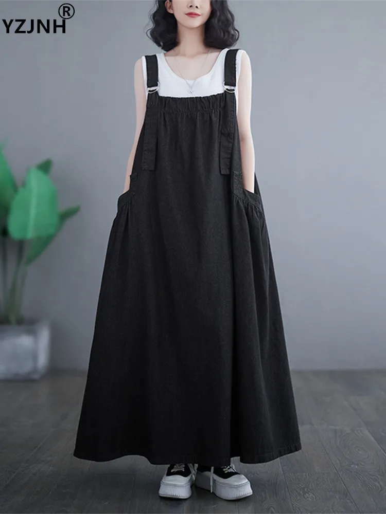

YZJNH весенне-осеннее длинное платье свободное винтажное джинсовое платье на бретельках длинное джинсовое платье с широким подолом для женщин