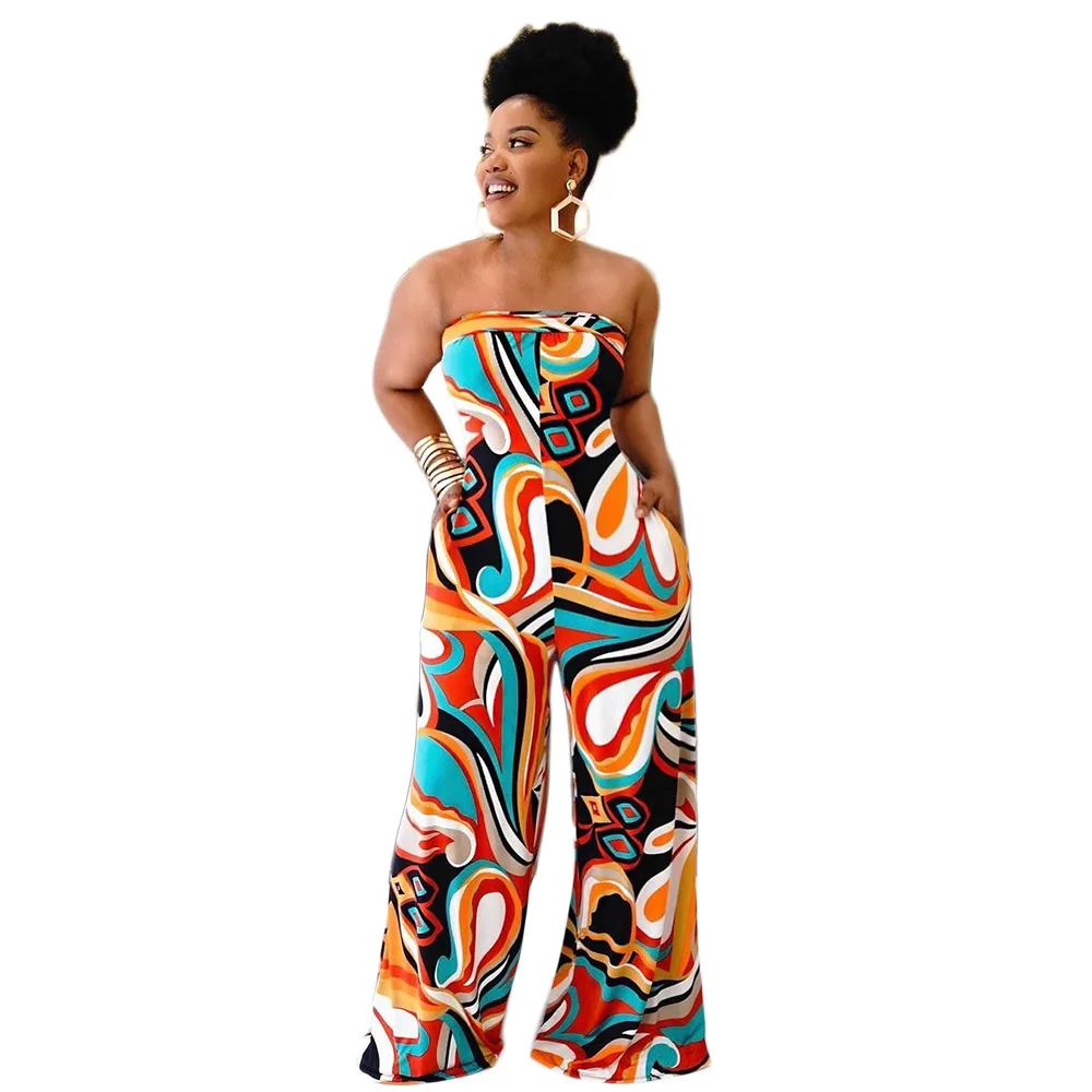 

Женский Африканский комбинезон на шнуровке, без бретелек, с широкими штанинами, костюм пляжного типа, новинка 2023, модная уличная одежда с принтом, сексуальный Африканский комбинезон Дашики