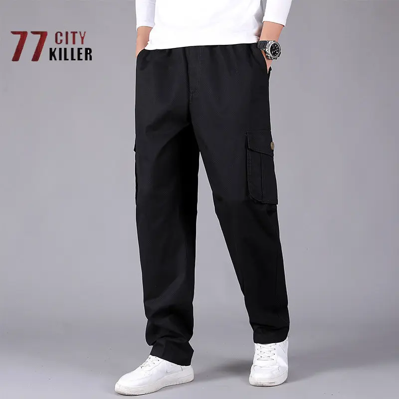 

Spring Men's Pure Cotton Cargo Pants Multi Pocket Elastic Waist Casual Pants Men's Solid Straight Trousers Plus Size M-6XL
