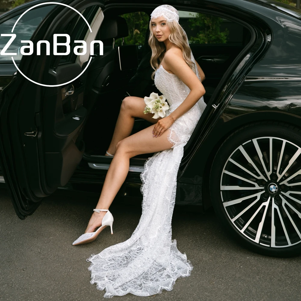 Фото Изысканное кружевное мини-платье ZanBan с вырезом «сердечко», без бретелек, с шлейфом, для свадебной церемонии, короткое, на заказ №1