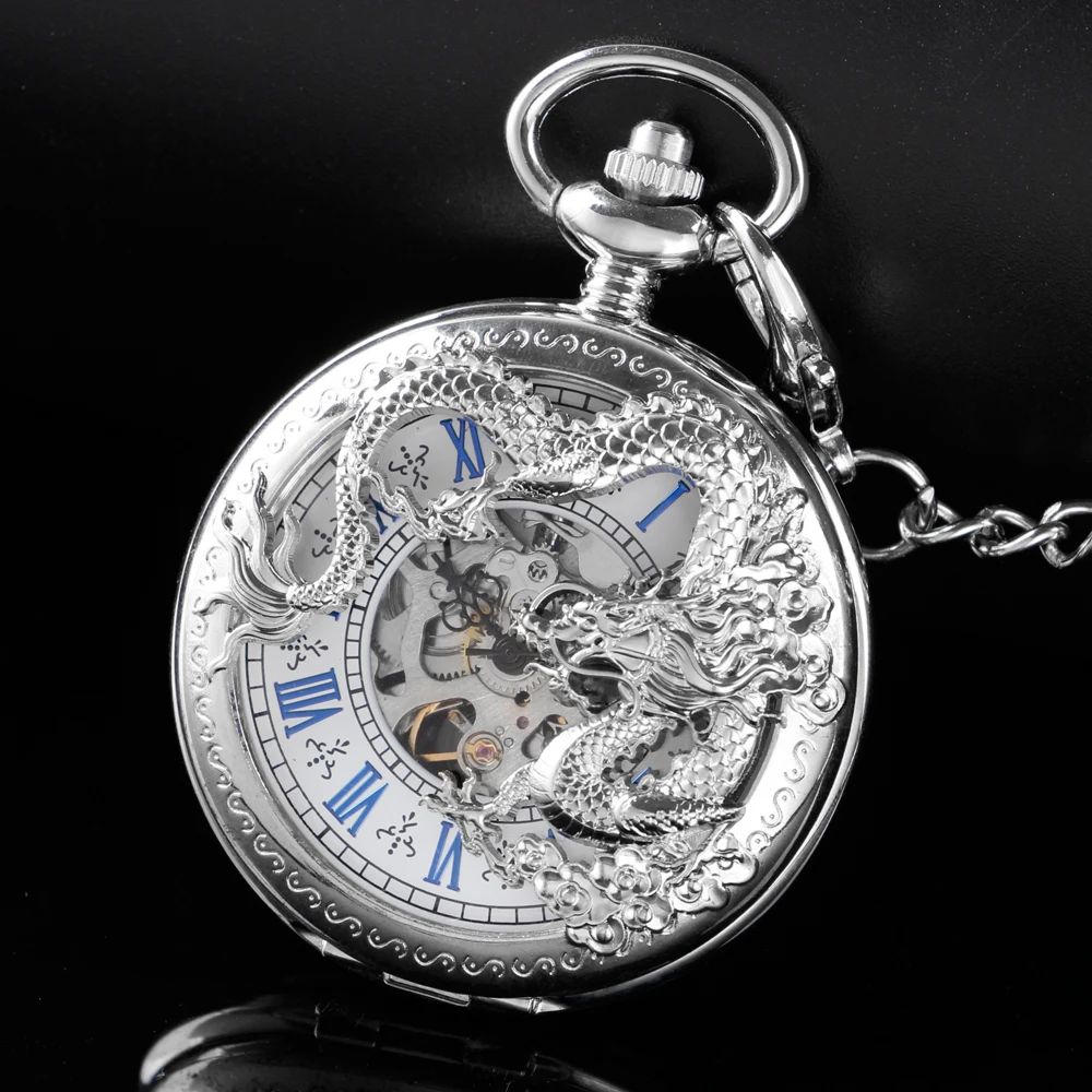 Exquisite Silver Dragon Relief Hollow Steampunk Mechanical Pocket Watch Vintage Gentleman Analog Signal Clock Lady Jewelry Gift
