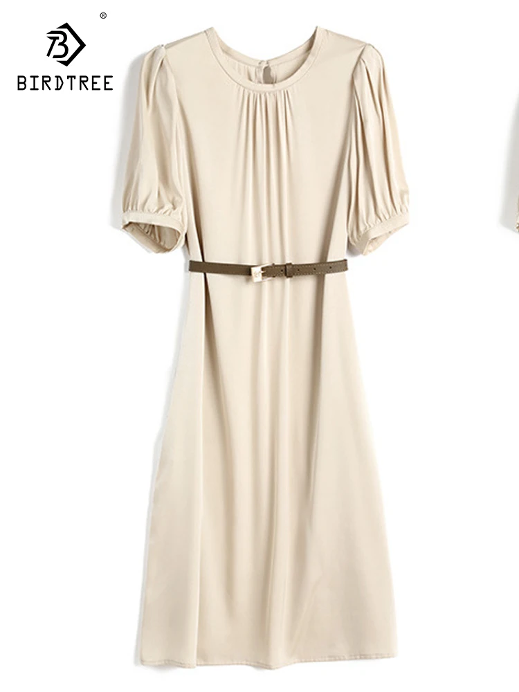 Birdtree 92%Mulberry Silk 8%Spandex Dress With Belt Slim Waist  French Women 2023 Summer New Stain Dress Elegant Dress D37471QC