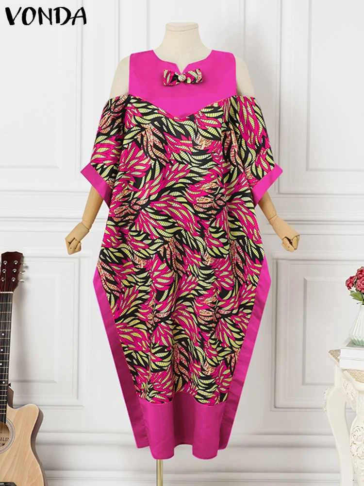 VONDA Long Dress Elegant Women Summer Maxi Satin Dress Casual Cold Shoulder Printed Split Bohemian Party Sundress Plus Size 5XL