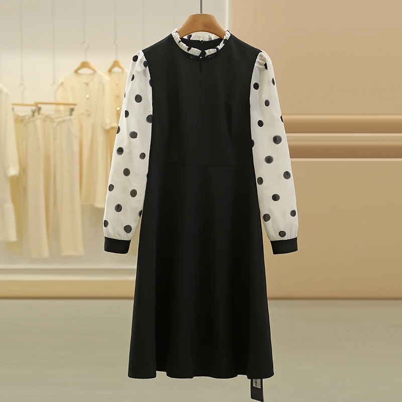 Цена счетчика 679 [Счетчик] Модное платье в горошек стиле пэчворк с дизайном Sense