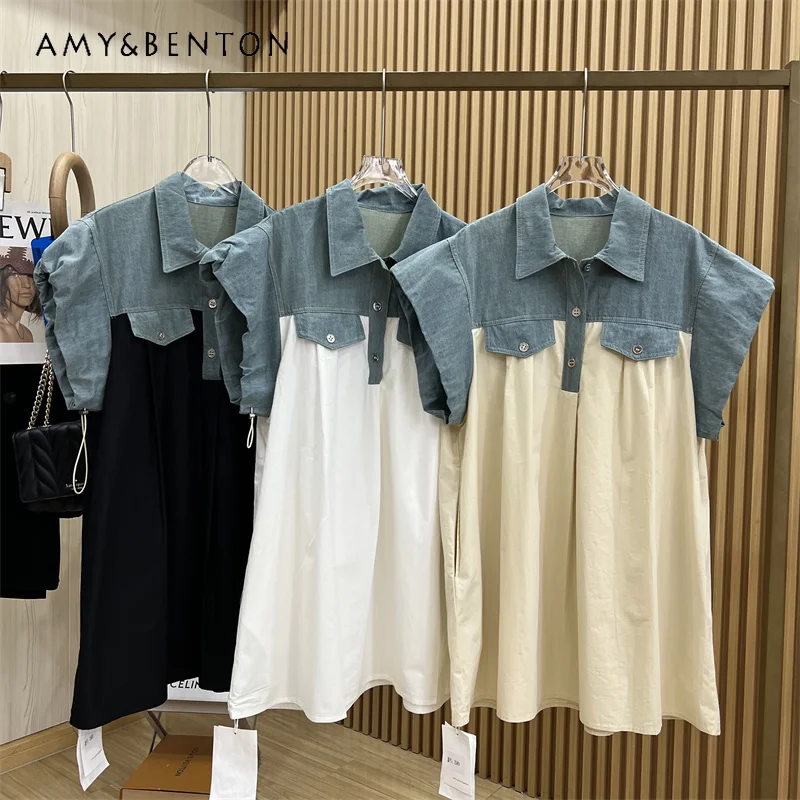 

European Style Retro Fake Two-Piece Denim Shirt Patchwork A-line Dress Small Slim-Fit Blusas Dress Vestidos De Verano Mujer 2023
