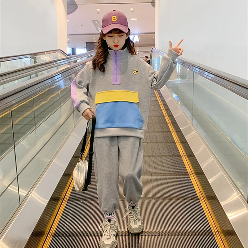 

Girls Suit Sweatshirts +Pants Cotton 2Pcs/Sets 2022 Grey Spring Autumn Thicken Sport Tracksuits Teenagers Kid Baby Children Clot