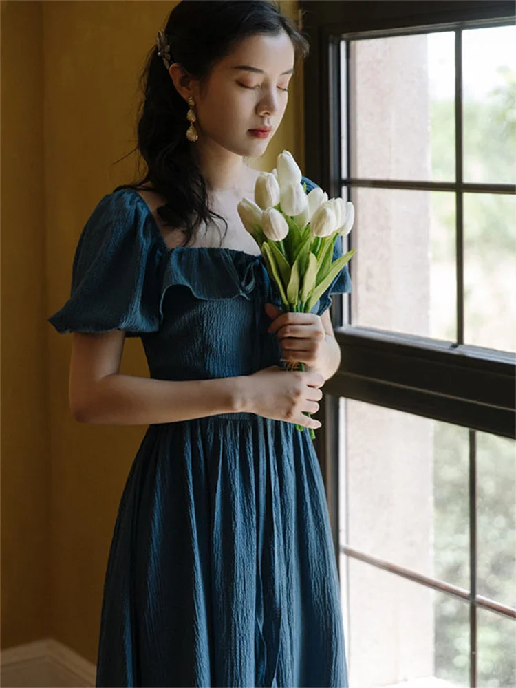 

New Summer French Design Solid Color Vintage Square Collar Sweet Dress Puff Sleeve Elegant Fairy Dress Ruffles Neck Casual Dress