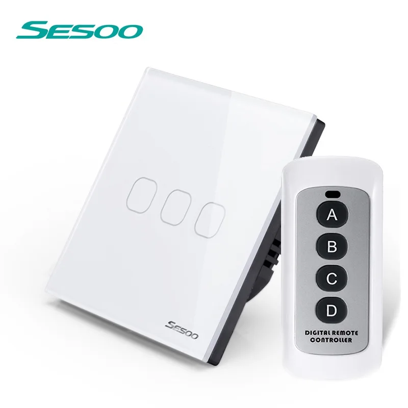 

SESOO EU Standard Remote Control Touch Sensor Wall Light Switch 1 2 3 Gang 1 Way LED Indicator Crystal Tempered Glass Panel AC