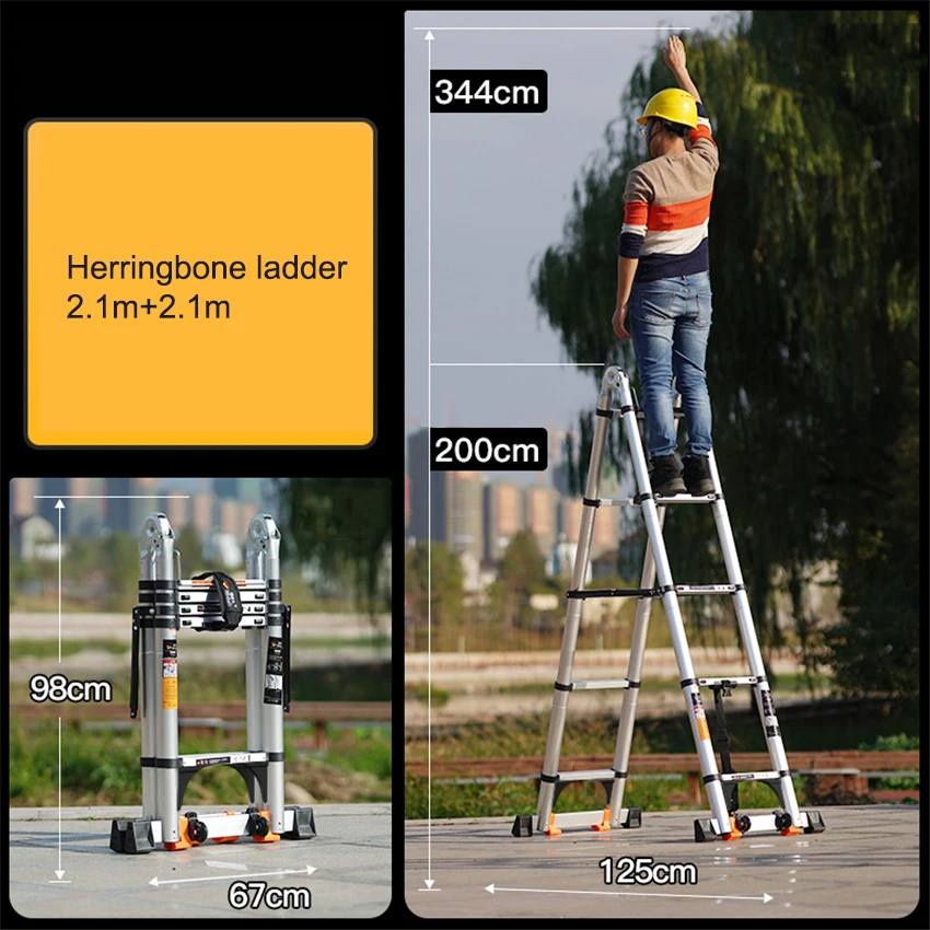 2.1M+2.1M Herringbone Ladder Multifunctional Folding Ladder Widened Pedal Aluminum Alloy Ladder Home Telescopic Ladder MDL-170D