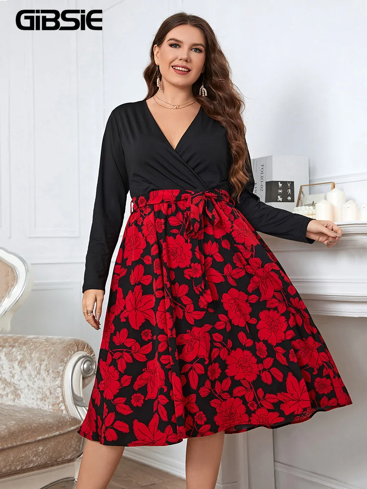 

GIBSIE Plus Size Surplice Neck Floral Print Belted Dress Women Spring Fall Long Sleeve Elegant Knee Length A-Line Dresses