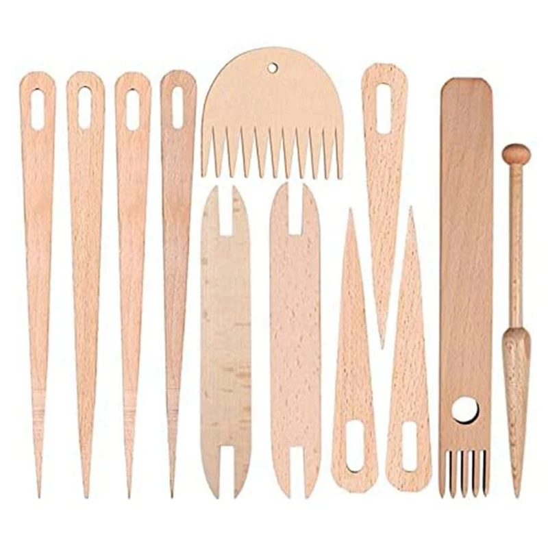 

HOT-12Pieces Wooden Hand Loom Stick Set - 7 Big Eye Knitting Needles,2 Wooden Shuttles,Weaving Stick And 2 Wood Weaving Comb