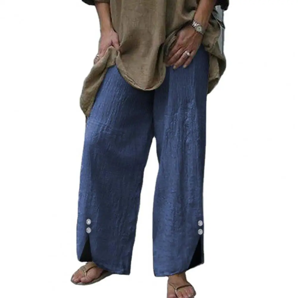 

Casual Women Pants Solid Color Buttons Summer Elastic Waist Wide Leg Sweatpants Streetwear Loose Trousers Women 2022