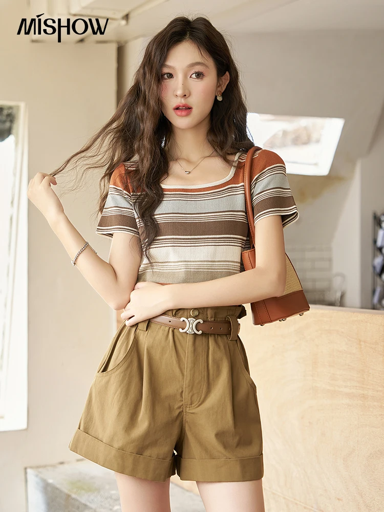 MISHOW Versatile Wide Leg Shorts for Women 2023 Summer Elastic Flower Bud Waist Head Pockets Solid Casual Short Pants MXC38K0121
