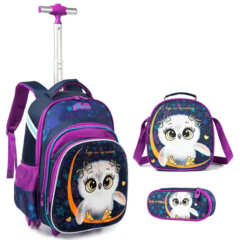 Children 3pcs Boys Schoolbag Set With Wheels Trolley Bag With Lunch Bag Rolling School Backpack Set Wheeled Backpack For Girls