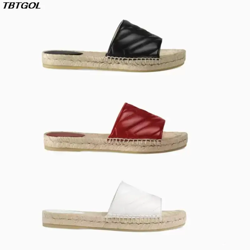 

TBTGOL Women Designer Leather Espadrille Sandal Luxury Slipper Flat Platform Shoes With The Double Metal Beach Weave Shoes NO30