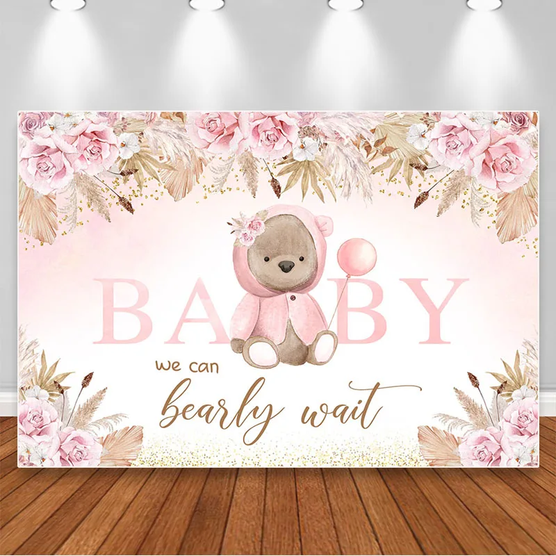 

Cute Bear Baby Shower Party Backdrop Pink Watercolor Flowers Photography Background Cake Table Decor Banner Photo Booth Props