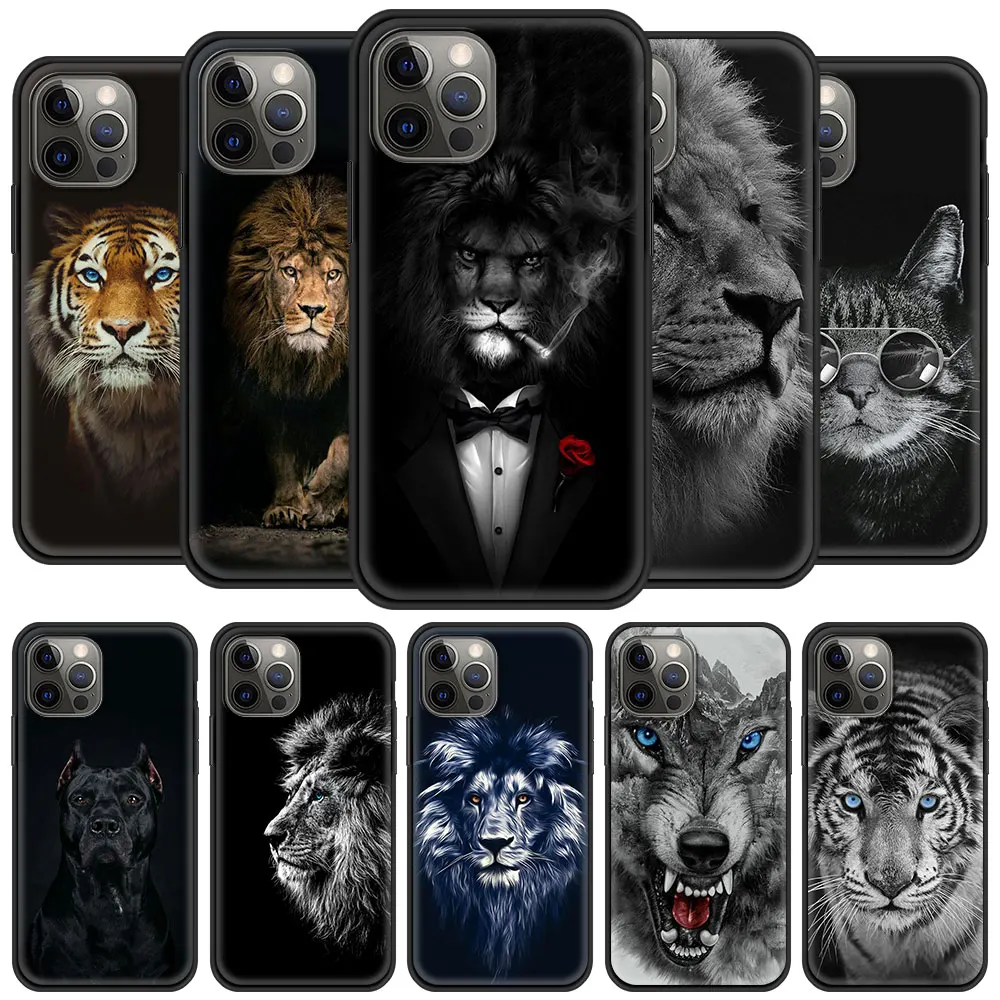 

Phone Case For iPhone 11 Pro 12 Pro Max 13 XR 7 8 SE 2020 X XS Max 6 7 8 Plus Luxury Black Shell Cover Wolf Lion Animal funda