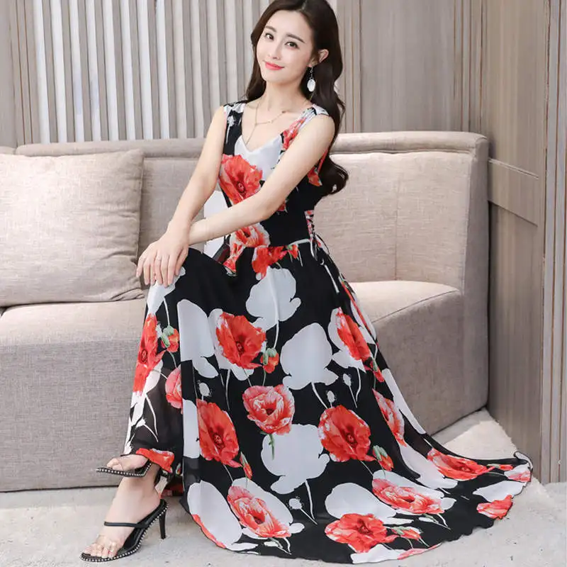 Платье женское пляжное шифоновое с V-образным вырезом длинный сарафан без