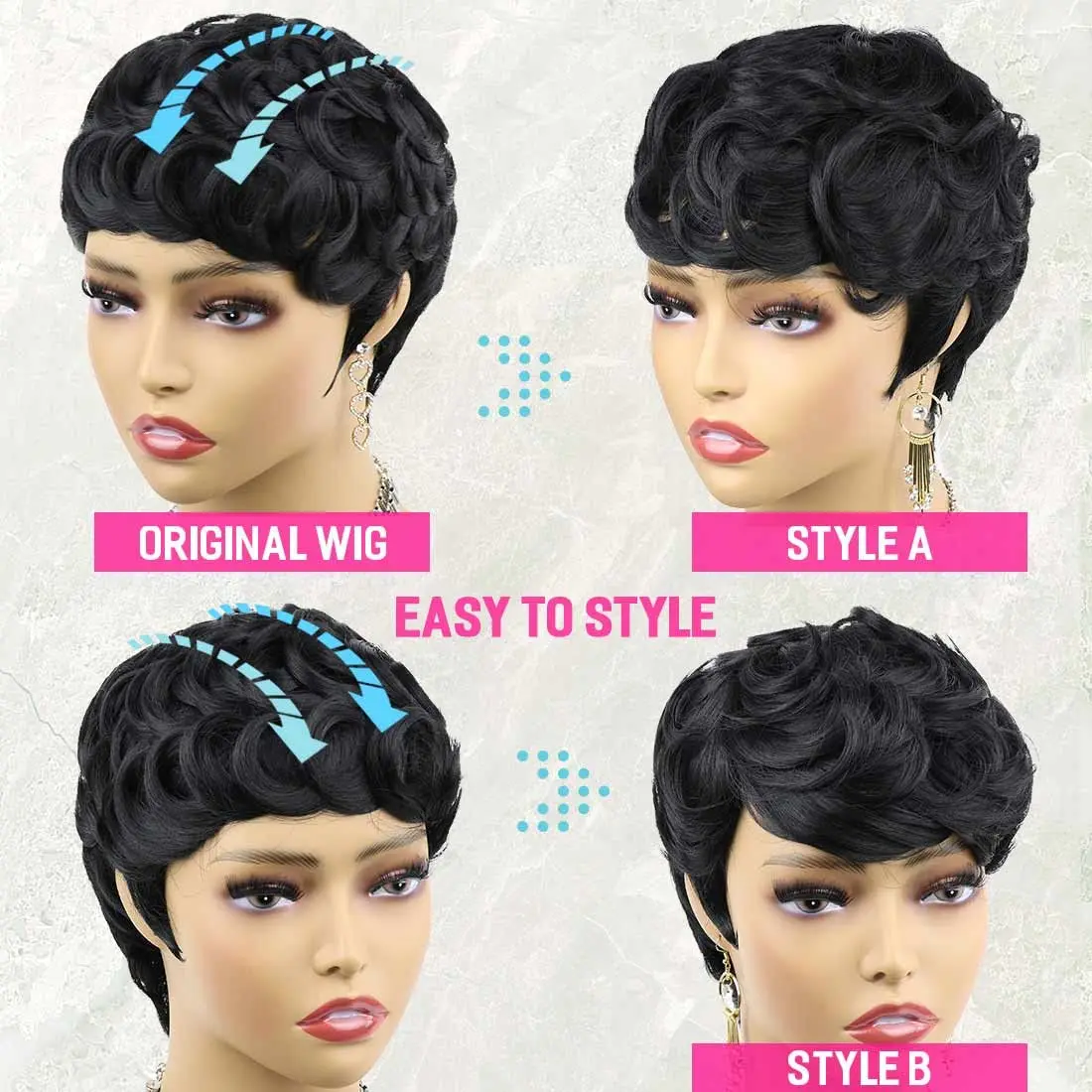 Short Pixie Cut Human Hair Wigs Brazilian Remy Hair Short Curly Layered Wavy Wigs For Black Women 150% Density Natural Black Wig