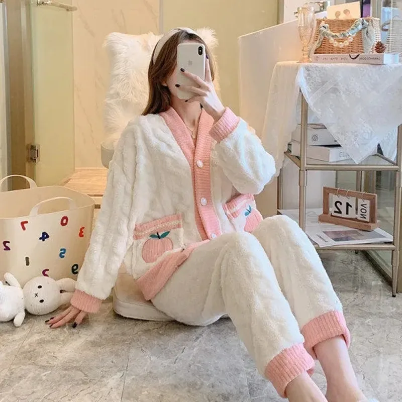 Autumn Winter Flannel Warm Pajamas Women Long Sleeve Home Suit Sleepwear Long Velvet Thicken Pyjamas Sets sleep wears for women