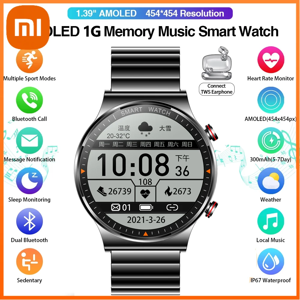 

Xiaomi AMOLED Screen Smart Watch Always Display The Time Bluetooth Call Local Music Smartwatch for Men Android TWS Earphones