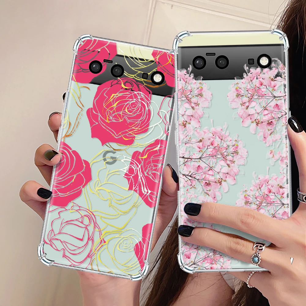 

Rose Floral Phone Case for Google Pixel 7a 7Pro 7 Luxury Transparent Coque for Pixel 6a 6 6Pro Shockproof Soft Silicone Cover