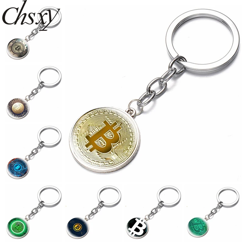 Bitcoin Design Keychain for Women Men Cryptocurrency Bitcoin Theme Glass Dome Pattern Keyring Fashion Key Chains Jewelry Gifts