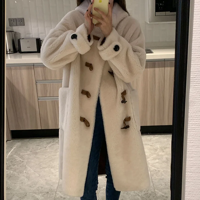 Winter long granular fleece hooded lambswool coat coat women