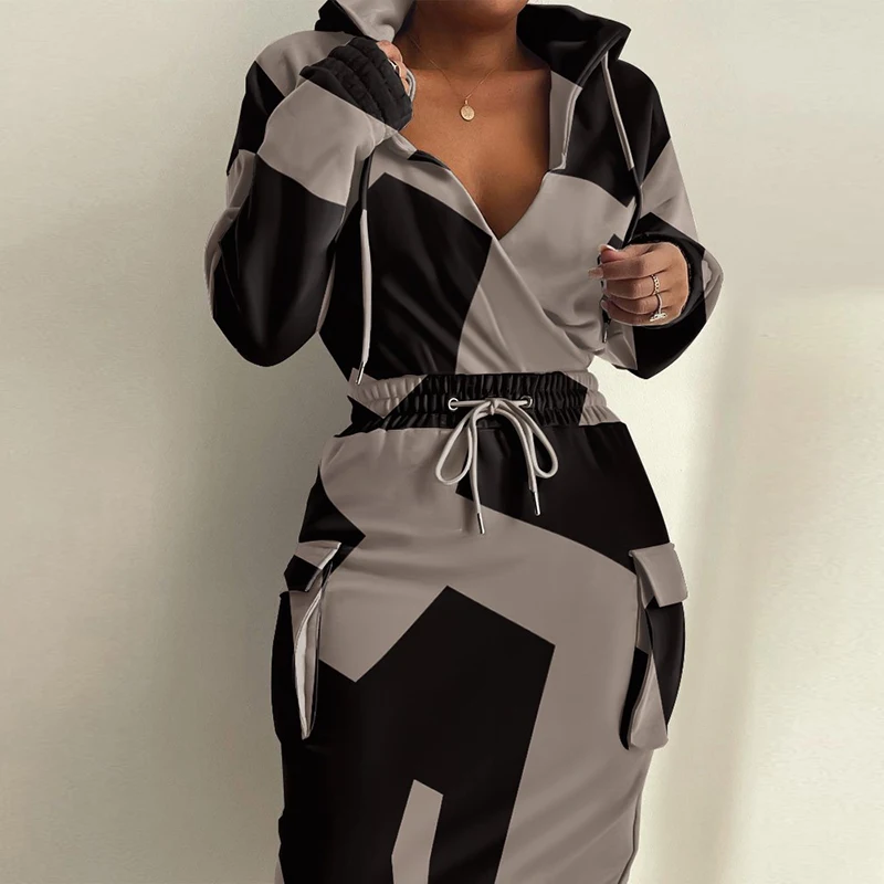 

Retro Geometric Print Patchwork Pullover Dress Women Autumn Deep V Neck Bodycon Party Dress Winter Drawstring Office Lady Dress