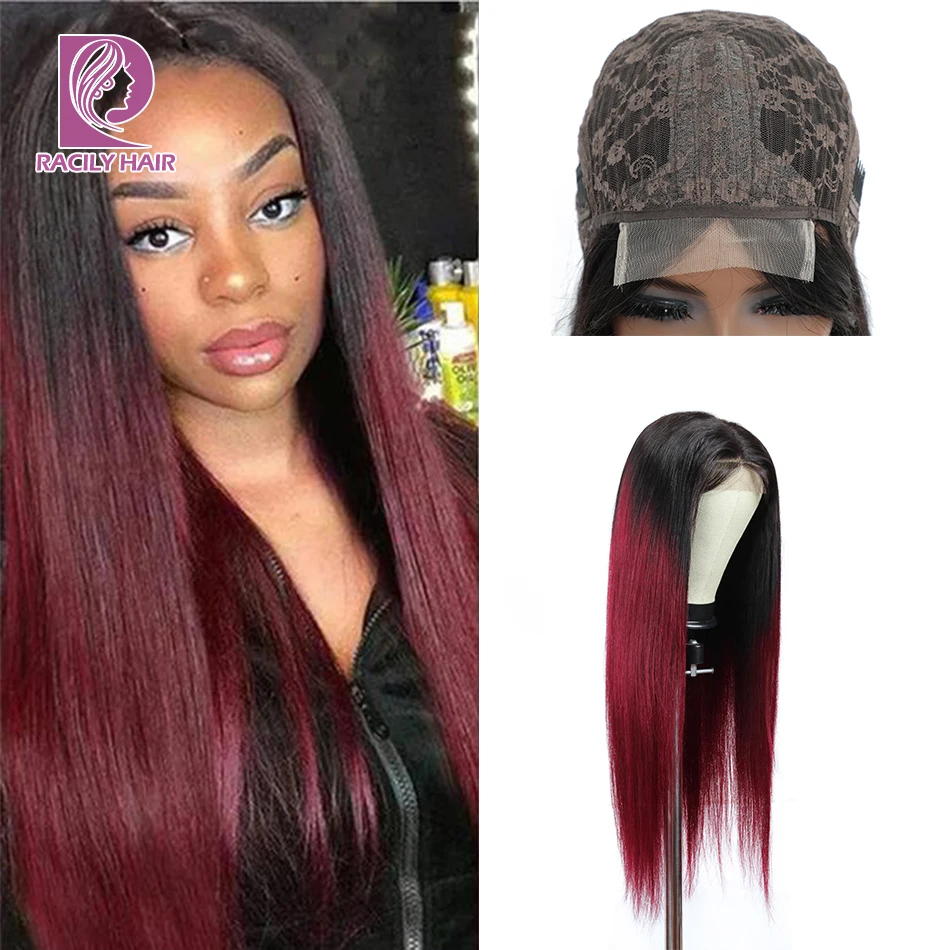 Straight T Part Lace Wig Human Hair Wigs Brazilian Bone Straight 4x1 Lace T Part Wig For Women Ombre Burgundy Lace Closure Wig