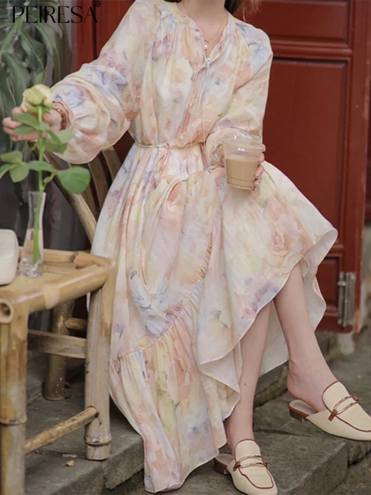 

Женское шифоновое платье PEIRESA, элегантное платье во французском стиле с цветочным принтом и рукавами-фонариками, с воротником-стойкой, на шнуровке, лето 2023