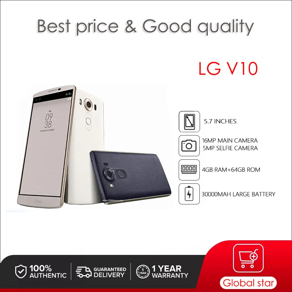 

Original Unlocked LG V10 H900 H901 4G LTE Android Mobile Phone Hexa Core 5.7'' 16.0MP 4GB RAM 64GB ROM WIFI GPS Cell Phone