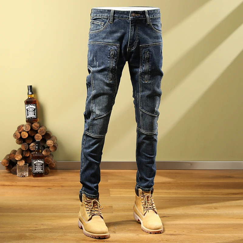Street Fashion Men Jeans Vintage Blue Zipper Designer Elastic Stretch Skinny Ripped Jeans Men Spliced Hip Hop Biker Pants Hombre