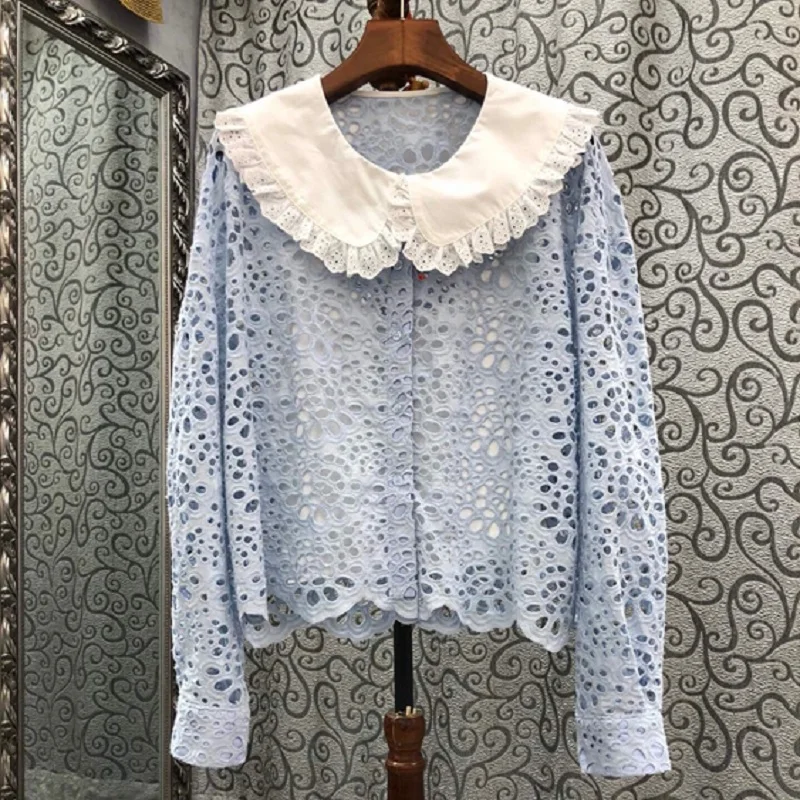 2022 Spring Summer Fashion Blue Shirts High Quality Women Peter Pan Collar Allover Crochet Lace Embroidery Long Sleeve Shirts