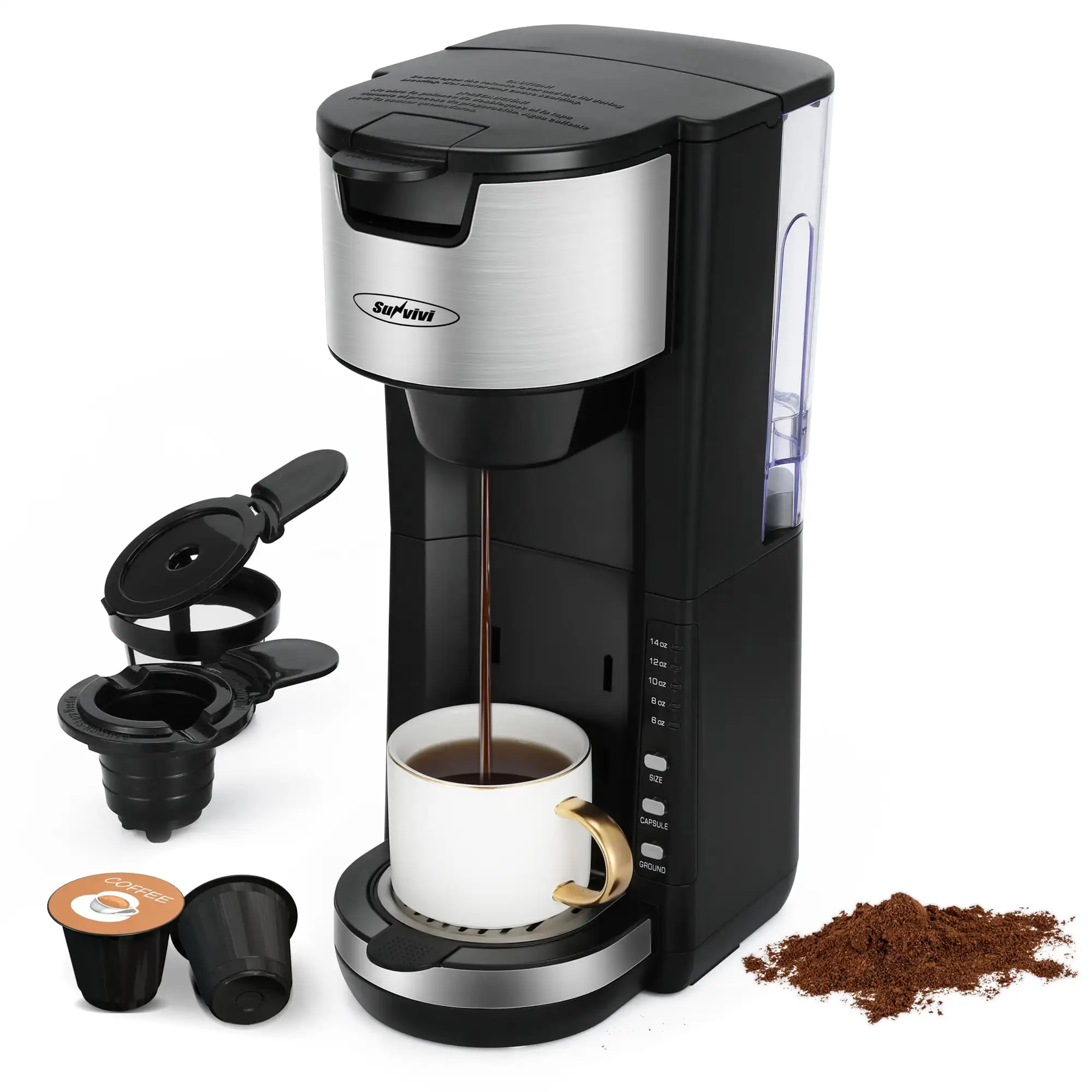 

Single Serve Coffee Maker Machine 6 to 14 oz With Permanent Filter, Compatible with K Cup Pod & Ground Coffee, Black