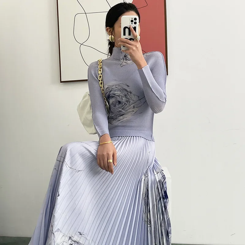 Модный повседневный костюм женская футболка с длинным рукавом плиссированная