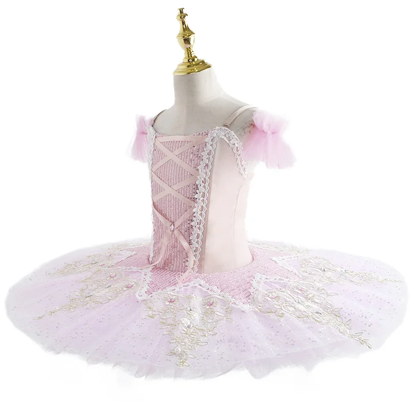 Розовая детская бальная одежда балетное платье-пачка с блестками и цветами для
