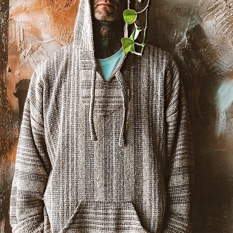 

Men Fashion Hoodie Drawstring Design Pullover Tops Autumn High Street Long Sleeve Sweatshirts Vintage Striped Print Sweatshirts