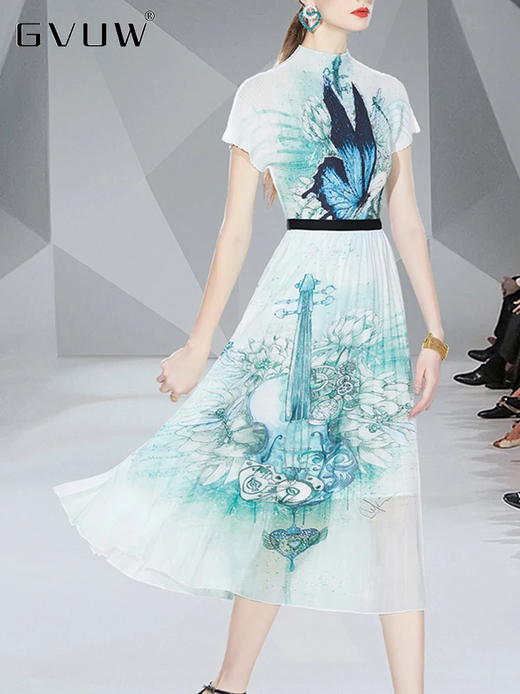 

GVUW Women's Pleated Two Piece Sets Short Sleeve Mock Neck Top Elastic Waist Loose Skirt 2023 Summer Female New Clothing 17J1140