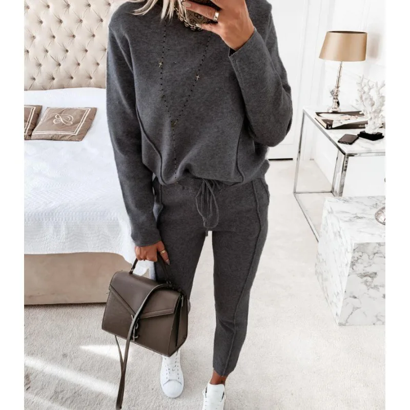 

Plus velvet 2022 autumn and winter sweater high-neck long-sleeved pocket trousers fashion casual suit two-piece women's