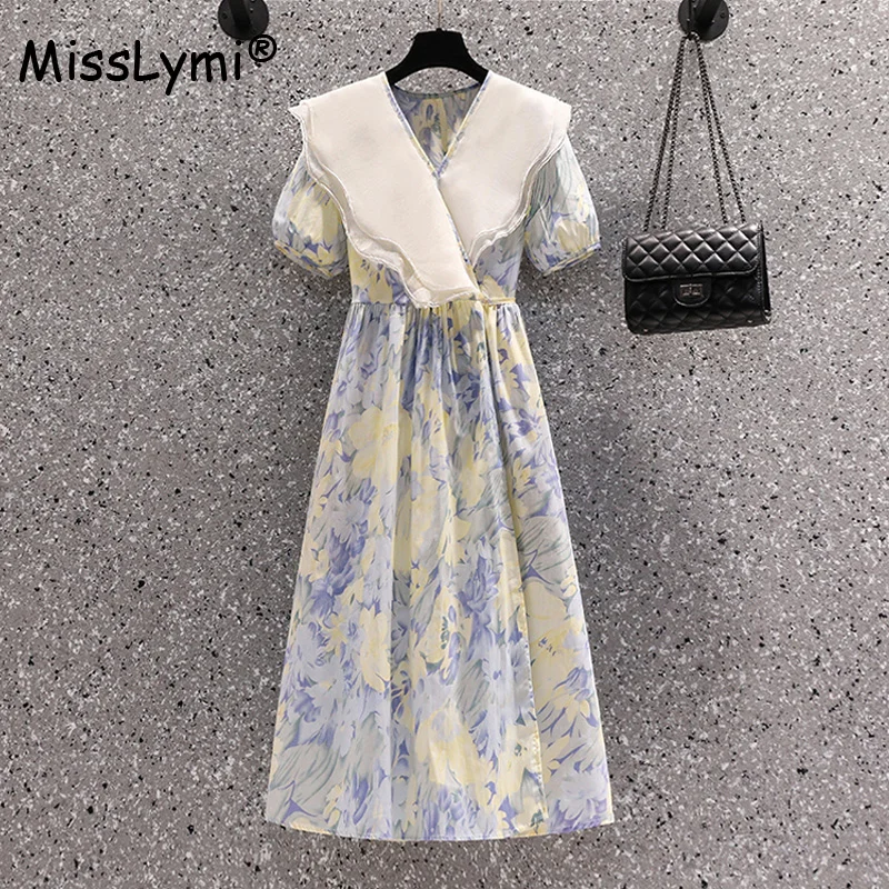 

Big Size Women Flower Tie Dye Warp Dress Summer 2022 Ruffled Collar Short Sleeve High Waist Sweet Floral Chiffon Long Dresses