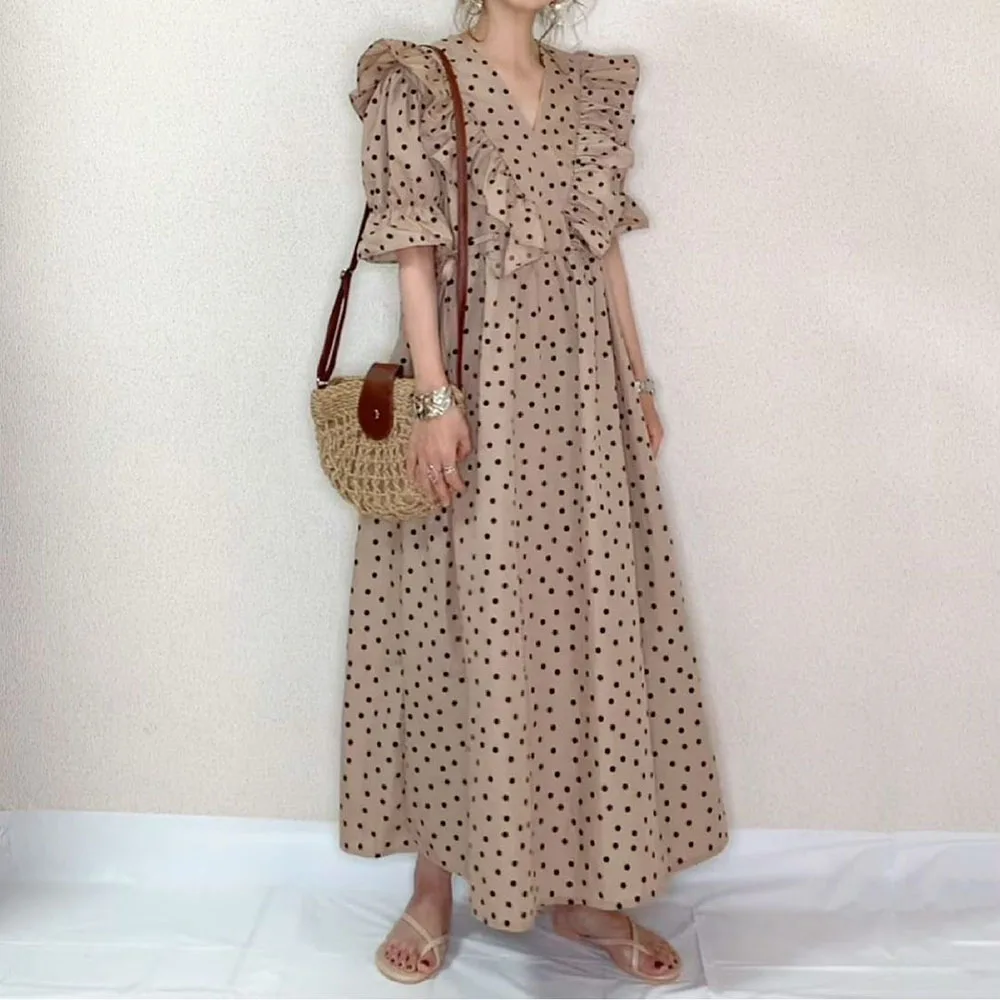 

Dress Women New Japanese V-neck Ruffle Patchwork High Waist Chiffon Polka Dot Office Dresses 2022 Summer Fashion Female Dresses