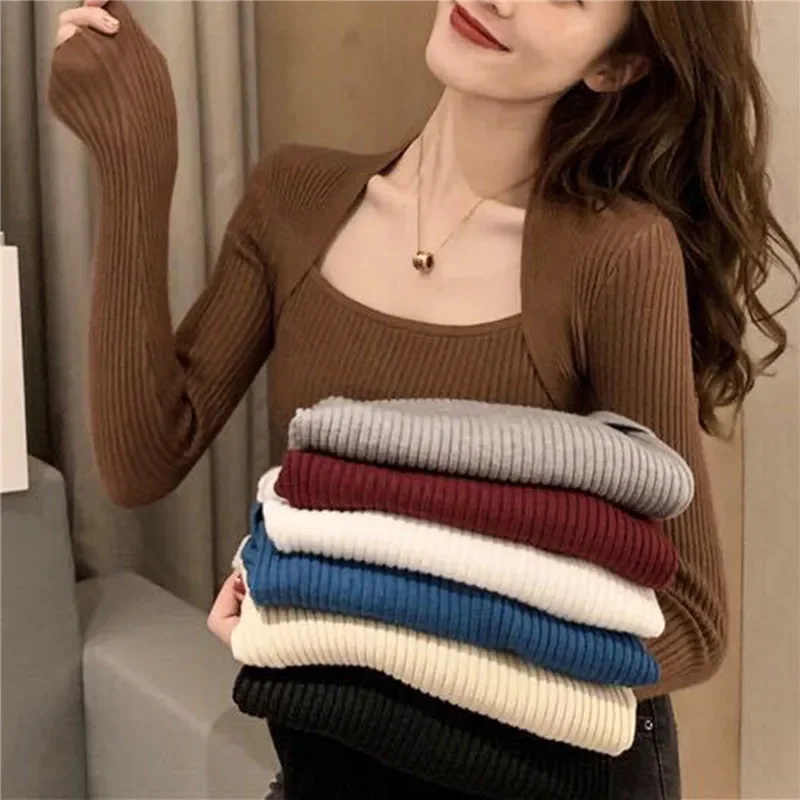 

Sexy Square Neck Sweater Women Long Sleeve Pullover Top Soft Knitwear Bottom Korean Basic Jumper Slim Interior Lapping Sweaters