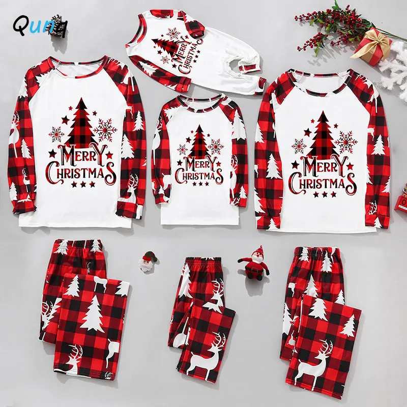 

Qunq Autumn Winter New Christmas Parent-Child Clothing O Neck Checked Patchwork Print Top + Long Pants Family Matching Outfits