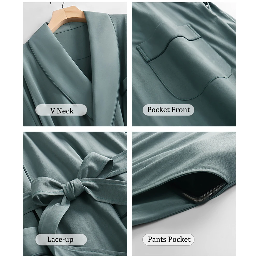 Cotton Solid Robe Sets Men Pajama Soft Home Clothes Luxury Bathrobe V Neck Widened Belt Comfort Pockets Kimono peignoir homme