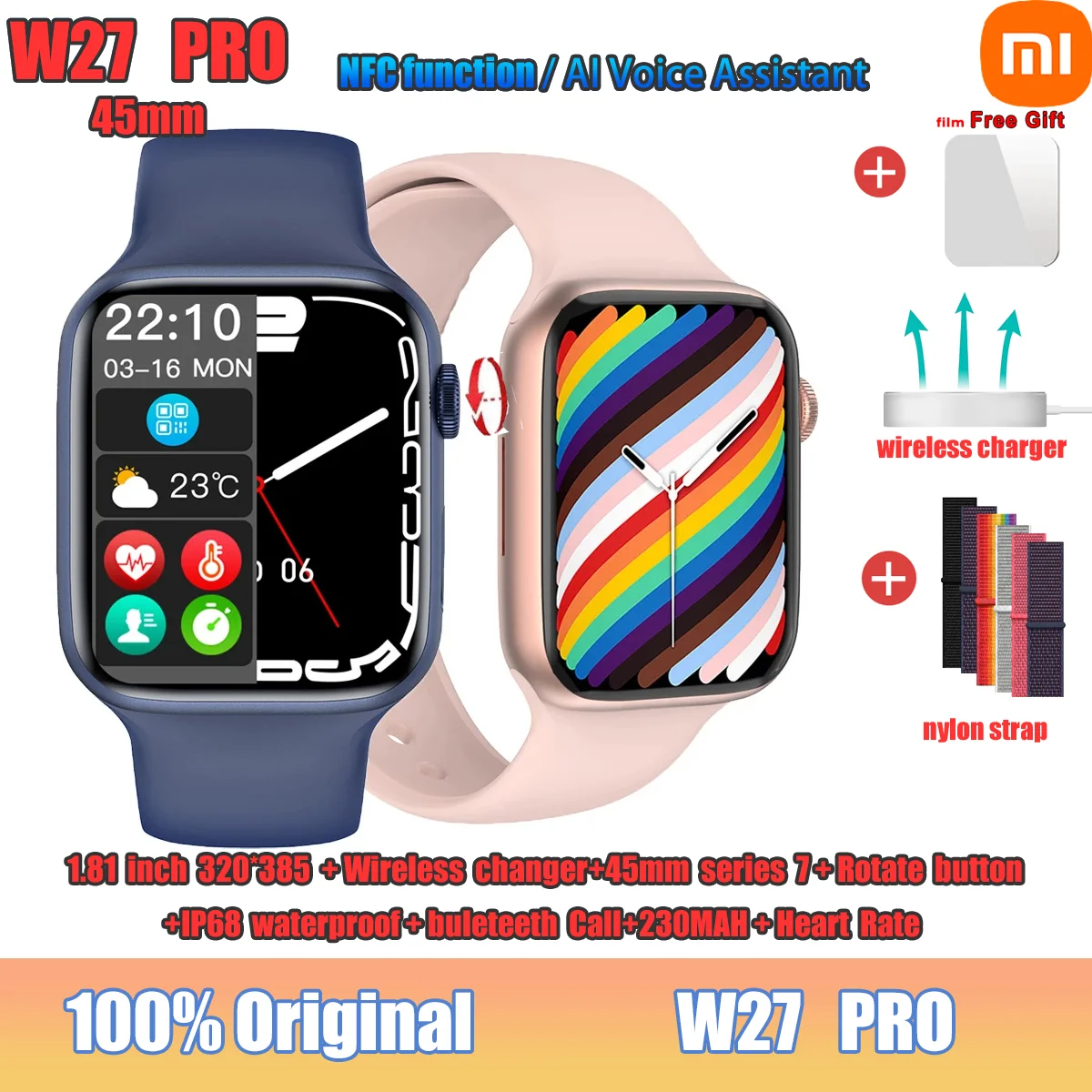 

XiaomiOriginal IWO W27 Pro Smart Watch Series 7 Wireless Charger NFC Function AI Voice Assistant IP68 Call Watch For Apple 2022