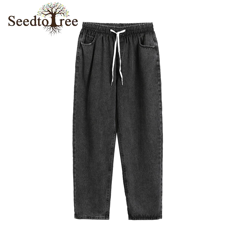 Men's Casual Jeans Elastic Waist Denim Trousers Loose Ankle Length Pants