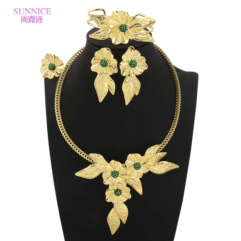 

SUNNICE Luxury Necklace Earrings Ring Bracelet Jewelry Set for Women Bud Pendant Gold Plated Luxury Nigeria Dubai Jewelry Set