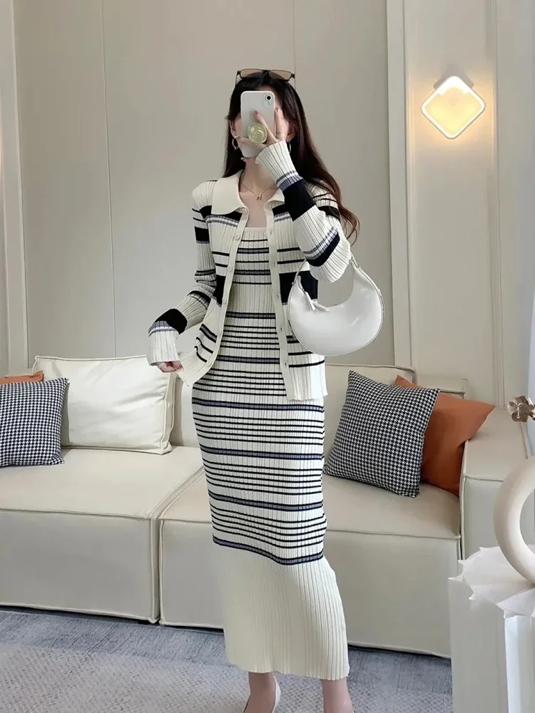 Корейский стиль трикотажное платье в полоску комплект из 2 предметов элегантный